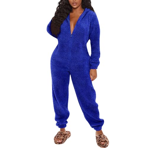 tinetill Fleece Pyjama Damen Schlafanzug Einteiler Jumpsuit Plüsch Schlafanzug Overall Onesie Hausanzug Loungewear Einfarbig Schlafoverall mit Kapuze Reißverschluss Warmer Homewear von tinetill