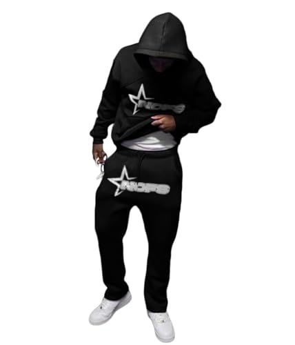 tinetill Herren Trainingsanzug Buchstaben Druck Sportbekleidung Y2K Hip Hop Jogginganzug Hoodies mit Kapuze und Jogginghosen Lose Oberteile und Sporthosen 2 Teile Hausanzug von tinetill