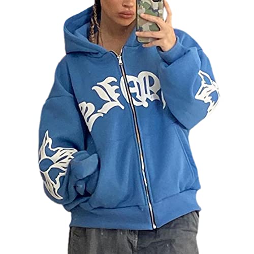 tinetill Herren Y2K Jacke Zip Up Hoodies Goth Harajuku Sweatshirt Vintage Kapuzenjacke Lose Kordelzug Sweatjacke mit Kapuze 90er E-Girl Top Print Kapuzenjacke von tinetill