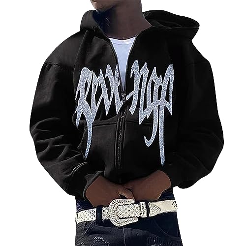 tinetill Herren Y2K Jacke Zip Up Oversize Kapuzenpullover Gothic Harajuku Kapuzenjacke Brief Drucken Hoodies Langarm Vintage Jacke mit Kapuze Unisex Sweatjacke 90er E-Girl Top von tinetill