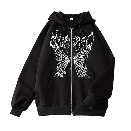 tinetill Hoodies Damen Y2K Jacke Zip Up Gothic Harajuku Kapuzenpullover Oversized Langarm Sweatshirt Schmetterling Drucken Kapuzenjacke Aesthetic 90er E-Girl Streetwear von tinetill