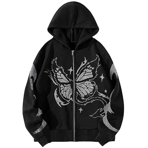 tinetill Hoodies Damen Y2K Jacke Zip Up Gothic Harajuku Kapuzenpullover Oversized Langarm Sweatshirt Schmetterling Drucken Kapuzenjacke Aesthetic 90er E-Girl Streetwear von tinetill