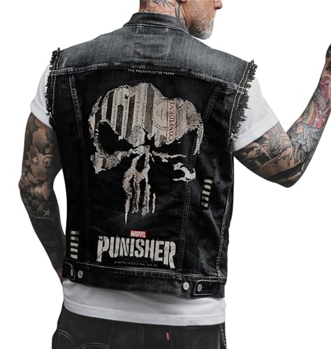 tinetill Jeansweste Herren Denim Weste Jacke Punk Totenkopf Druck Herren Jeansjacke mit Knöpfen von tinetill