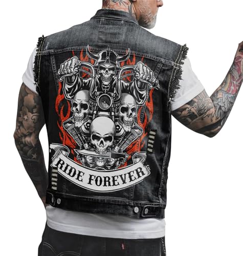 tinetill Jeansweste Herren Denim Weste Jacke Punk Totenkopf Druck Herren Jeansjacke mit Knöpfen von tinetill