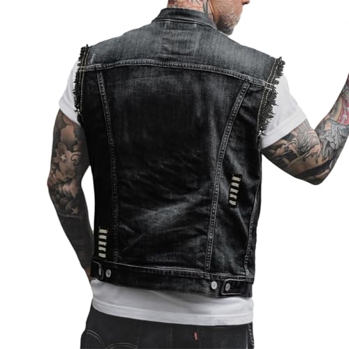 tinetill Jeansweste Herren Denim Weste Jacke Punk Totenkopf Druck Herren Jeansjacke mit Knöpfen von tinetill