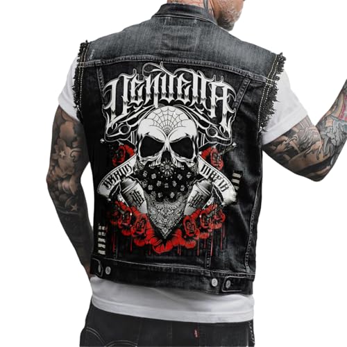 tinetill Jeansweste Herren Denim Weste Jacke Punk Totenkopf Druck Herren Jeansjacke mit Knöpfen von tinetill