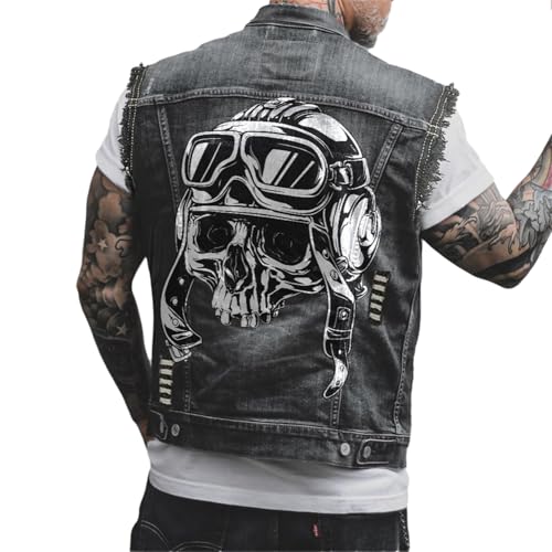 tinetill Jeansweste Herren Denim Weste Jacke Punk Totenkopf Druck Herren Jeansjacke mit Knöpfen von tinetill