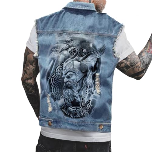tinetill Jeansweste Herren Denim Weste Jacke Punk Totenkopf Druck Herren Jeansjacke mit Knöpfen von tinetill