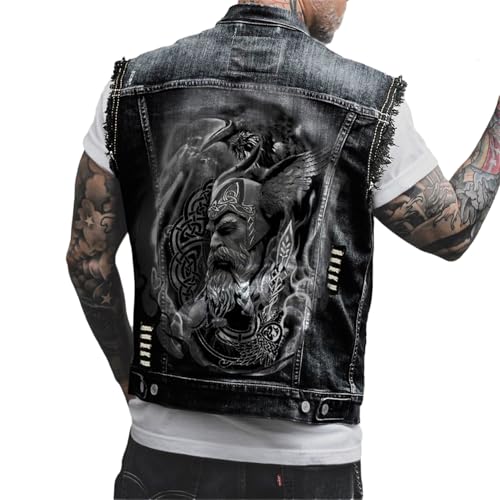 tinetill Jeansweste Herren Denim Weste Jacke Punk Totenkopf Druck Herren Jeansjacke mit Knöpfen von tinetill