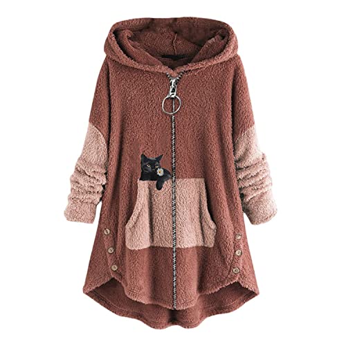 tinetill Kapuzenpullover Damen Zip Hoodie Katze Druck Kuschelig Fleecepulli Warm Große Größen Winter Teddy Jacke Casual Plüsch Hoodie Cute Pullover Lang Sweatshirts Plüschjacke Plüschmantel Sweatjacke von tinetill