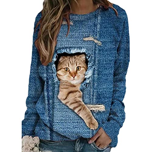 tinetill Katze Langarmshirt Süße Tier Drucken 3D Druck Katzen-Muster Bluse Oberteile Lange Pulli Herbst Kapuzenpullover Tshirt Herbst Shirts Hemd Rundhals Pullover von tinetill