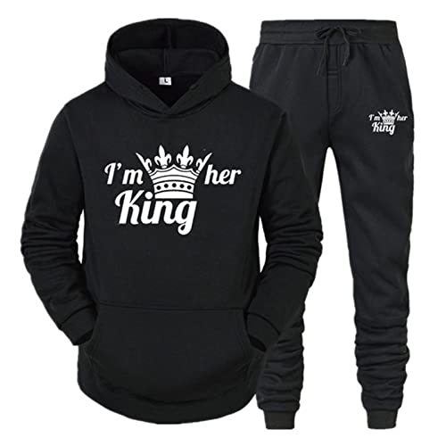 tinetill King Queen Pullover Sportanzug 2 Stücke Kapuzenpullover Couple Jogginganzug Freizeitanzug Hoodie und Hose Set für Paare von tinetill