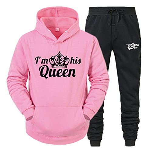 tinetill King Queen Pullover Sportanzug 2 Stücke Kapuzenpullover Couple Jogginganzug Freizeitanzug Hoodie und Hose Set für Paare von tinetill