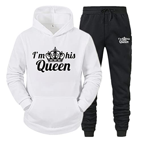 tinetill King Queen Pullover Sportanzug 2 Stücke Kapuzenpullover Couple Jogginganzug Freizeitanzug Hoodie und Hose Set für Paare von tinetill