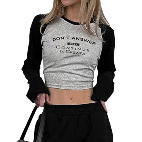 tinetill Langarmshirt Damen Y2K Crop Top Skinny Rundhals T-Shirt Slim Fit Pullover Harajuku Kurz Oberteil Vintage Streetwear Teenage Aesthetic Tops von tinetill