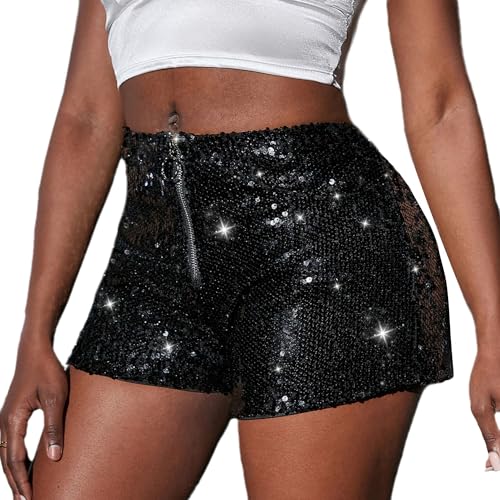 tinetill Pailletten Shorts Damen Kurze Hose Sommer Hohe Taille Glitzer Shorts Party Shorts Freizeitshort A-Linie Sommershorts Hot Pants Club Festivals Outfits von tinetill