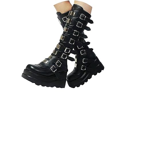 tinetill Plateau Stiefel Damen Gothic Punk Plateau Stiefel Keile Kniehohe Stiefel Goth Keilstiefeletten Winterstiefel Blockabsatz Ritterstiefel mit Reißverschluss Klobiger Absatz Boots von tinetill