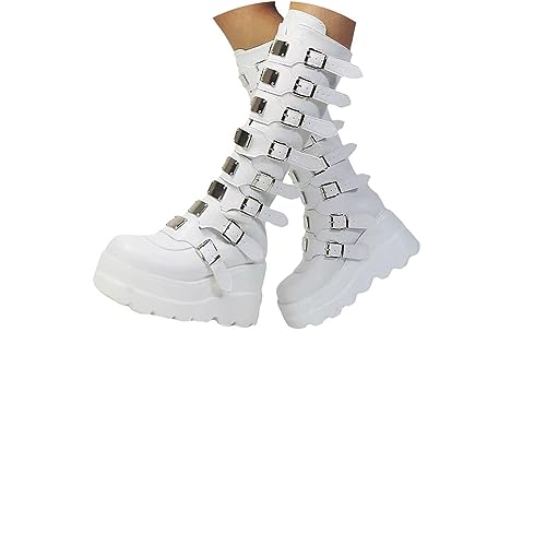Tinetill Gothic Punk Plateau Stiefel Damen - Kniehohe Keilstiefeletten Mit Reißverschluss - Goth Winterstiefel Blockabsatz Ritterstiefel Klobiger Absatz Boots von tinetill