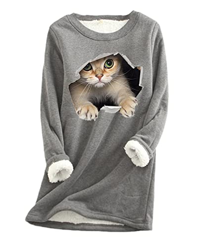 tinetill Pullover Damen Langarmshirt Süße Katze 3D Drucken Rundhals Lange Pulli Plüsch Warmer Weihnachten Pullover Herbst Sweatshirt Tshirt Shirts Hemd von tinetill