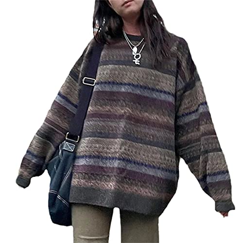 tinetill Pullover für Damen Strickpullover Oversize Rundhals Langarm Gestreifte College Strickpulli Teenager Mädchen Pullover Retro Winter Y2K Pullover Oberteile Weihnachtspullover von tinetill