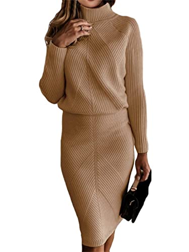 tinetill Pulloverkleid Damen 2 Stück Winterkleid Strickkleid Zweiteiliger Anzug Strickpullover Oberteil und Midi Strickrock Bodycon Rundhals Set Midikleid von tinetill