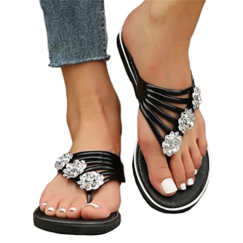 tinetill Sandalen Damen Flip Flops Sommer Schlappen mit Strasssteinen Flache Schuhe Elegant Slippers Römersandalen Peep Toe Sommerschuhe Freizeitschuhe Strand Hausschuhe von tinetill