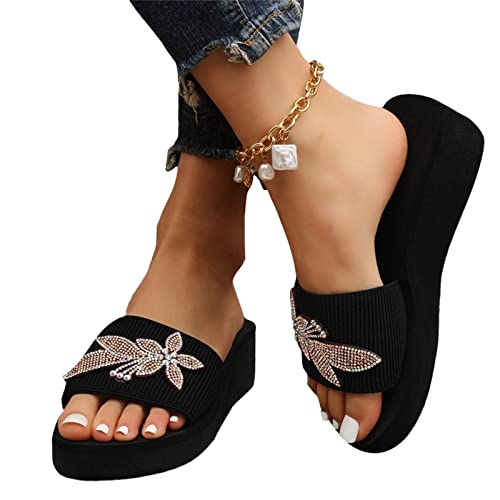 tinetill Sandalen Damen Keilabsatz Sandaletten mit Strasssteine Open Toe Schuhe Slip Ons Keilsandalen Plateau Schlappen Strand Outdoor Badeschuhe Bequeme Casual Sommerschuhe von tinetill