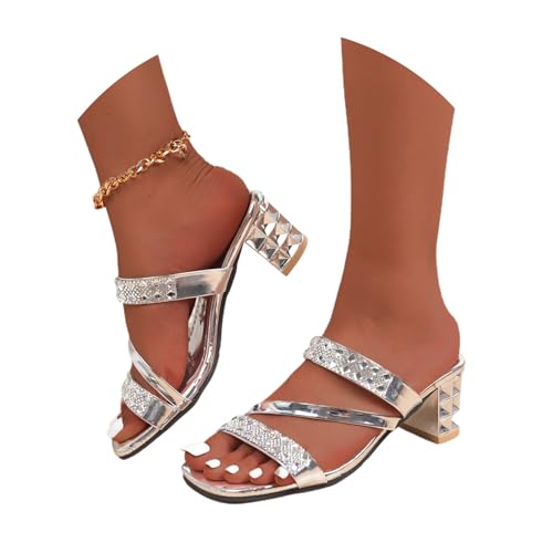 tinetill Sandalen Damen Klassische Sandaletten mit Blockabsatz Slip-on Sandaletten Sommer Pantoletten Schuhe Strass Sandalen mit Absatz Sommerschuhe von tinetill