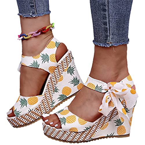 tinetill Sandalen Damen Plateau Keilsandalen Boho Druck Sommerschuhe Peep Toe High Heel Römersandalen Elegant Mode Fruchtmuster Strandsandalen mit Krawatte von tinetill