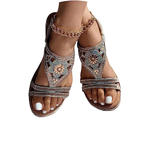 tinetill Sandalen Damen Strass Flache Sandaletten Sommer Boho Sandalen Offene Zehe Outdoorsandalen Freizeit Bequeme Strandsandalen Elegant Sandals von tinetill