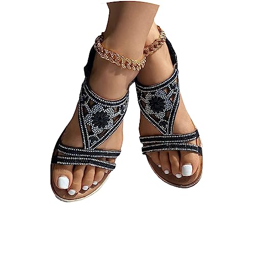 tinetill Sandalen Damen Strass Flache Sandaletten Sommer Boho Sandalen Offene Zehe Outdoorsandalen Freizeit Bequeme Strandsandalen Elegant Sandals von tinetill