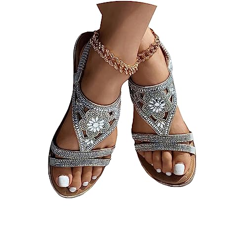 tinetill Sandalen Damen Strass Flache Sandaletten Sommer Boho Sandalen Offene Zehe Outdoorsandalen Freizeit Bequeme Strandsandalen Elegant Sandals von tinetill