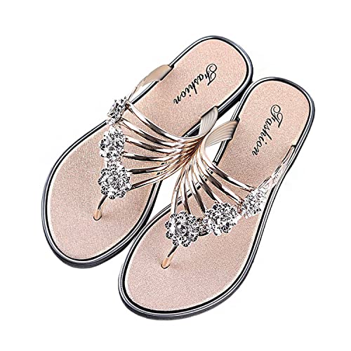 tinetill Sandalen Damen Strass Flip Flop Sommer Boho Schlappen Peep Toe Strandschuhe Elegant Bequem Flache Schuhe Rutschfest Slippers Lässige Hausschuhe von tinetill