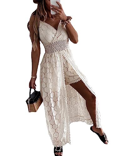 tinetill Sommerkleid Damen Spitzen Maxikleid Boho Trägerkleid Ärmellos V-Ausschnitt Lang Kleid Weiß Spitzenkleid Strick Aushöhlen Spaghetti Freizeitklied Elegant A-Linie Strandkleid von tinetill