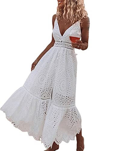 tinetill Sommerkleid Damen Spitzen Strandkleid Boho V-Ausschnitt Kleid Lang Freizeitkleid Elegant Kleid Trägerlos Maxikleid Ärmellos Party Strandkleid Weiß von tinetill