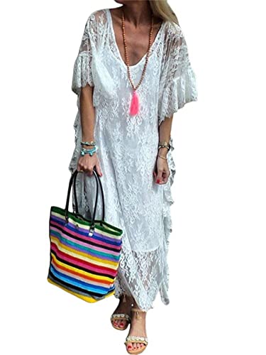 tinetill Sommerkleid Damen Strandkleider Ärmellos V-Ausschnitt Retro Sommer Spitzen Maxi Kleider Boho Lang Lose Sommerkleid Elegant A-Linie Freizeitklied von tinetill