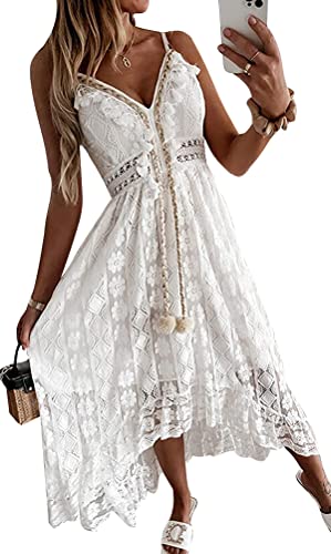 tinetill Sommerkleid Damen Strandkleider Ärmellos V-Ausschnitt Retro Sommer Spitzen Maxi Kleider Boho Lang Lose Sommerkleid Elegant A-Linie Freizeitklied von tinetill