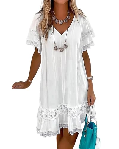 tinetill Sommerkleid Damen Strandkleider Ärmellos V-Ausschnitt Retro Sommer Spitzen Maxi Kleider Boho Lang Lose Sommerkleid Elegant A-Linie Freizeitklied von tinetill