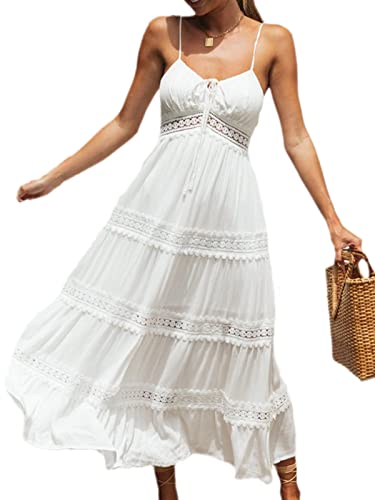 tinetill Sommerkleid Damen Strandkleider Ärmellos V-Ausschnitt Retro Sommer Spitzen Maxi Kleider Boho Lang Lose Sommerkleid Elegant A-Linie Freizeitklied von tinetill
