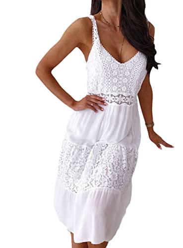 tinetill Sommerkleid Damen Strandkleider Ärmellos V-Ausschnitt Retro Sommer Spitzen Maxi Kleider Boho Lang Lose Sommerkleid Elegant A-Linie Freizeitklied von tinetill