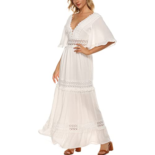 tinetill Sommerkleid Damen Strandkleider Ärmellos V-Ausschnitt Retro Sommer Spitzen Maxi Kleider Boho Lang Lose Sommerkleid Elegant A-Linie Freizeitklied von tinetill