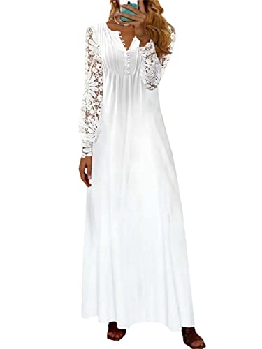 tinetill Sommerkleider Damen Langarm Maxikleid V-Ausschnitt Boho Kleider Spitze Puffärmel Strandkleider Blumendruck Freizeitkleid Elegant Swing Lange Kleider von tinetill