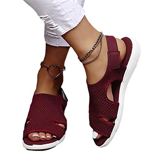 tinetill Sommerschuhe Damen Sandalen Bequem Flach Sandaletten Mit Absatz Sommer Vintage Elegant Schnüren Schuhe Ultraleichte Tennisschuhe Stretch, A Rotwein, 37 EU von tinetill