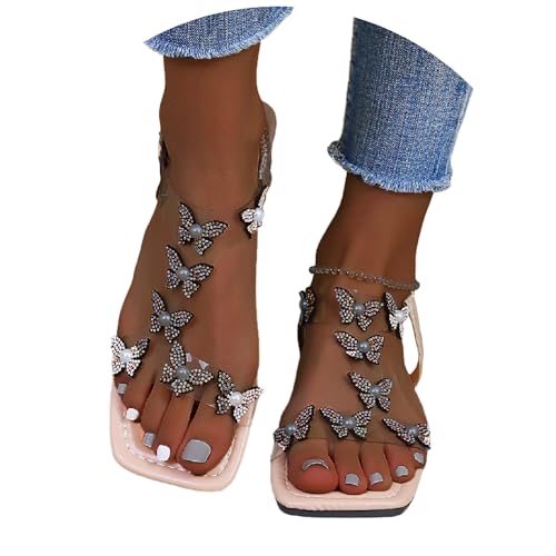 tinetill Sommerstiefel Damen Sandalen Strass Schmetterling Elastische Sandaletten mit Blockabsatz Freizeitschuhe Boho Strandschuhe Slip on Elegant Sandalen von tinetill