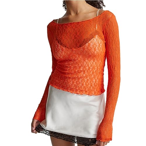 tinetill Spitzen Oberteil Damen Off Shoulder Langarmshirt Y2K Crop Top Asymmetrischer V-Ausschnitt Spitzenbluse Durchsichtig Mesh Tops Transparent Langarm T-Shirt Aesthetic Streetwear von tinetill