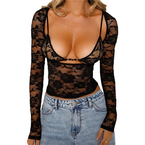 tinetill Spitzen Oberteil Damen Off Shoulder Langarmshirt Y2K Crop Top Asymmetrischer V-Ausschnitt Spitzenbluse Durchsichtig Mesh Tops Transparent Langarm T-Shirt Aesthetic Streetwear von tinetill