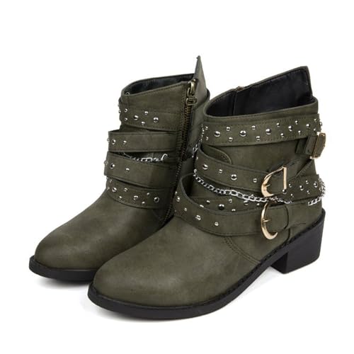 tinetill Stiefel Damen Nieten Blockabsatz Reißverschluss Stiefel Freizeit Kunstleder Westernstiefel Vintage Modische Lederstiefel Herbst Winter Kurzer Schaft Schuhe Biker Boots von tinetill