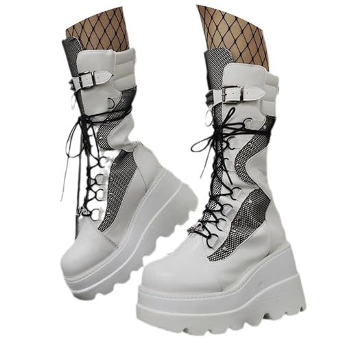 tinetill Stiefel Damen Plateau Keilabsatz Hohe Stiefel Gothic Punk Schnürboots Vintage Chunky Heel Winterstiefel Herbst Winter Freizeit Langschaft Boots von tinetill