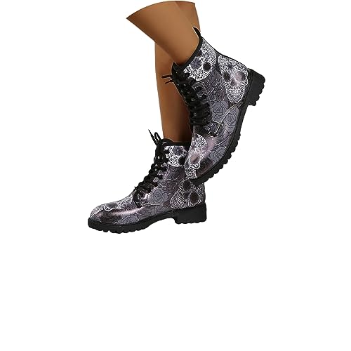 tinetill Stiefeletten Damen Gothic Chelsea Stiefel Halloween Kurze Stiefel Retro Drucken Winterstiefel Punk Biker Boots Schnüren Reißverschluss Motorrad Stiefel Niedrige Knöchel Stiefel von tinetill