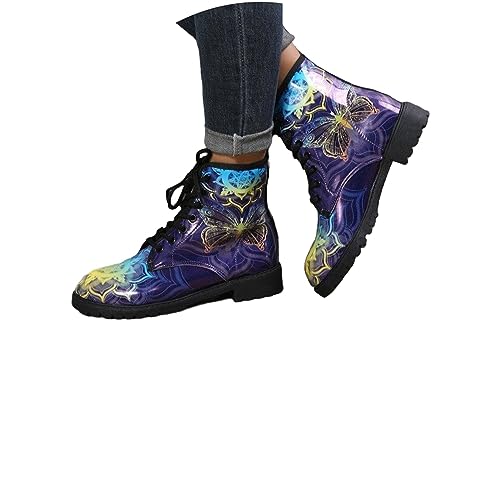 tinetill Stiefeletten Damen Gothic Chelsea Stiefel Halloween Kurze Stiefel Retro Drucken Winterstiefel Punk Biker Boots Schnüren Reißverschluss Motorrad Stiefel Niedrige Knöchel Stiefel von tinetill